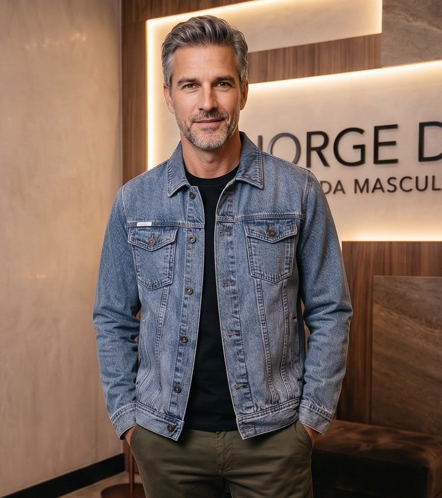 Chaqueta denim vaquera para hombre de corte holgado en algodón puro, con cuello camisero clásico, cierre de botones metálicos frontales, bolsillos de solapa en el pecho y acabado lavado disponible en azul claro y azul oscuro
