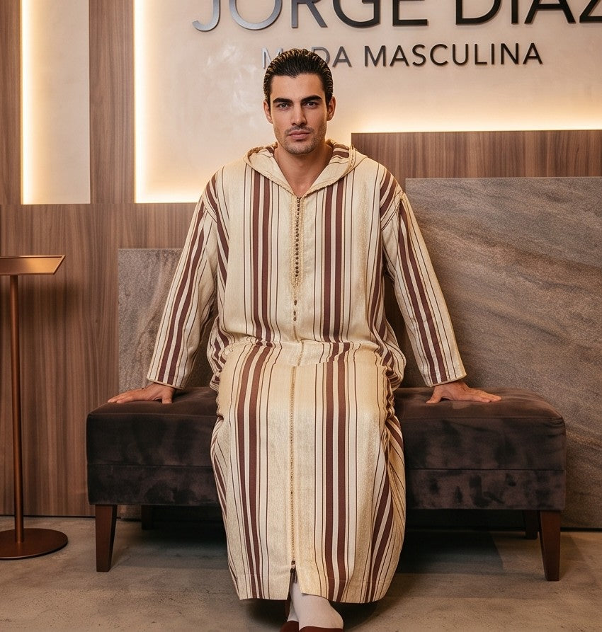 Chilaba marroquí tradicional de manga larga con capucha y cuello decorado para hombre, disponible en 6 modelos: lisa en negro, azul real y blanco con detalles en contraste, y con diseño de rayas verticales en verde, beige tostado y granate burdeos.