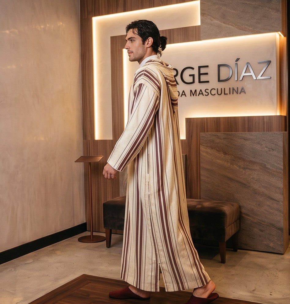 Chilaba marroquí tradicional de manga larga con capucha y cuello decorado para hombre, disponible en 6 modelos: lisa en negro, azul real y blanco con detalles en contraste, y con diseño de rayas verticales en verde, beige tostado y granate burdeos.