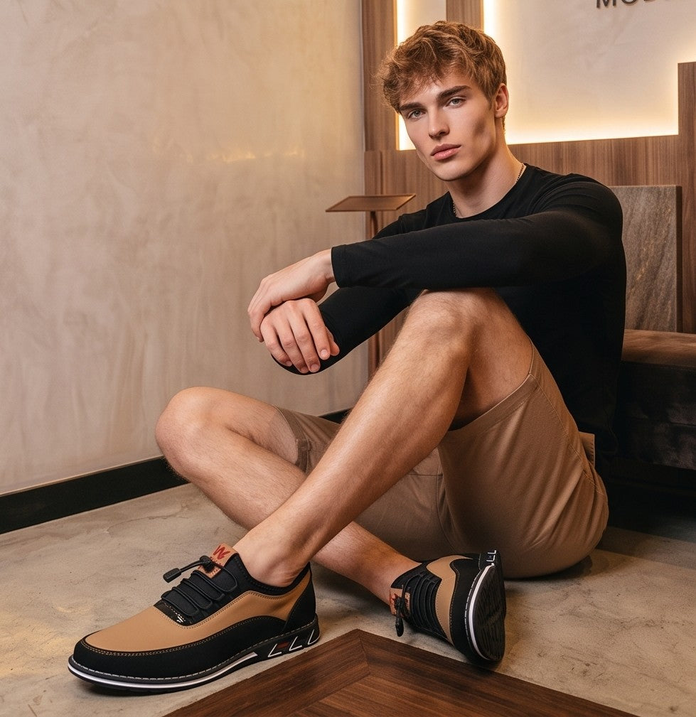 Colección de zapatos casuales para hombre en tres variantes de color: camel con negro, gris con negro y negro total monocromático, todos con sistema de cordones elásticos ajustables, costuras reforzadas y suela deportiva con detalles geométricos