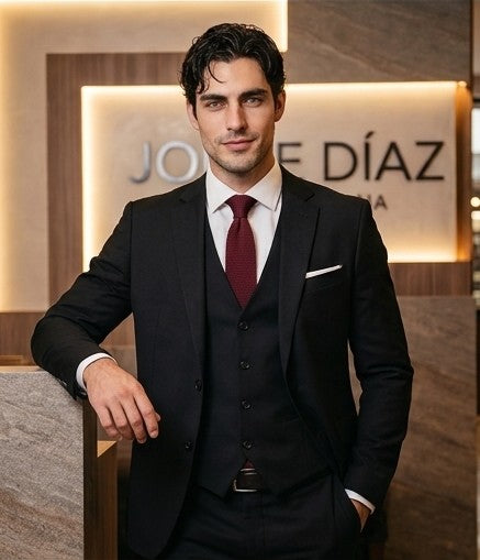 traje de tres piezas de sastre, que incluye un blazer, un chaleco y pantalones, disponible en una variedad de colores: azul marino, marrón tabaco, rojo burdeos, negro clásico y gris marengo