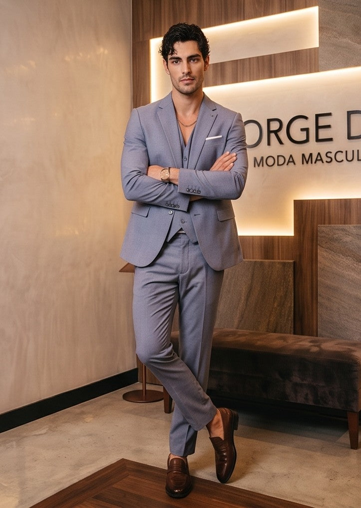 traje de tres piezas de sastre, que incluye un blazer, un chaleco y pantalones, disponible en una variedad de colores: azul marino, marrón tabaco, rojo burdeos, negro clásico y gris marengo