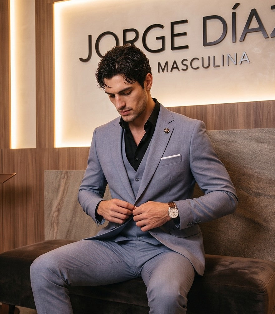 traje de tres piezas de sastre, que incluye un blazer, un chaleco y pantalones, disponible en una variedad de colores: azul marino, marrón tabaco, rojo burdeos, negro clásico y gris marengo