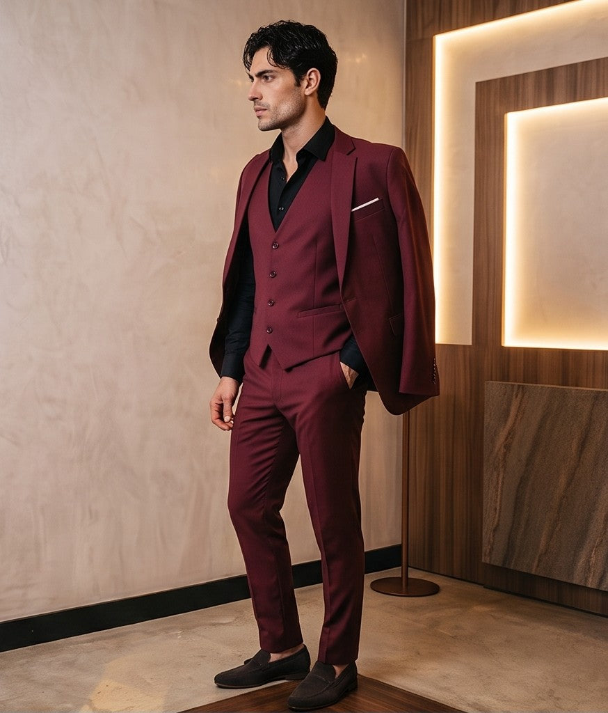 traje de tres piezas de sastre, que incluye un blazer, un chaleco y pantalones, disponible en una variedad de colores: azul marino, marrón tabaco, rojo burdeos, negro clásico y gris marengo