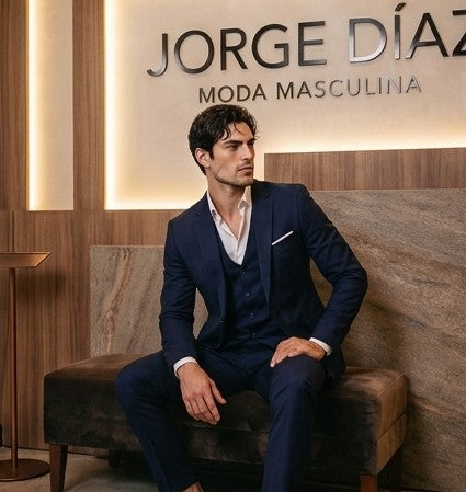 traje de tres piezas de sastre, que incluye un blazer, un chaleco y pantalones, disponible en una variedad de colores: azul marino, marrón tabaco, rojo burdeos, negro clásico y gris marengo