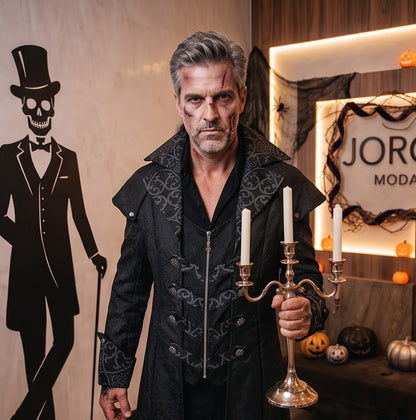 Hombre luciendo un disfraz largo de estilo gótico vintage con estampado de inspiración barroca, disponible en rojo y negro, con cuello solapa y detalles de botones cruzados