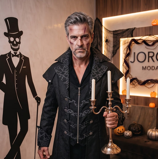 Hombre luciendo un disfraz largo de estilo gótico vintage con estampado de inspiración barroca, disponible en rojo y negro, con cuello solapa y detalles de botones cruzados
