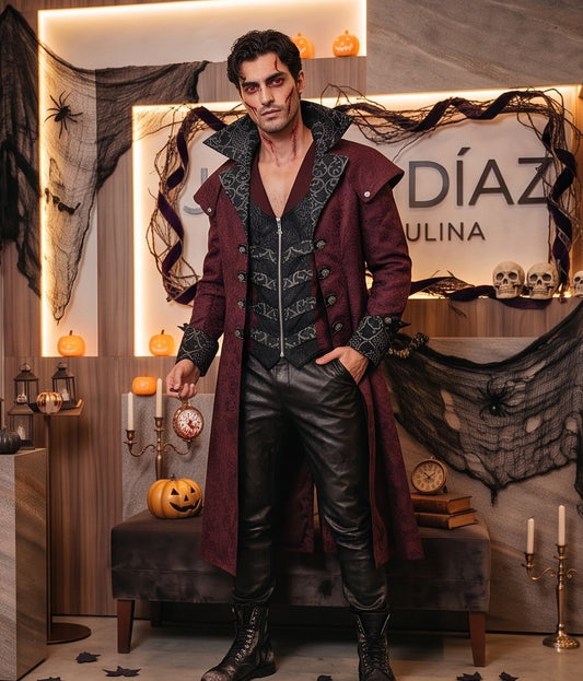 Hombre luciendo un disfraz largo de estilo gótico vintage con estampado de inspiración barroca, disponible en rojo y negro, con cuello solapa y detalles de botones cruzados