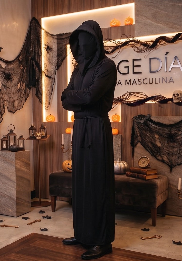 Disfraz de espectro negro sin rostro con túnica larga holgada, cinturón de tela, guantes a juego y capucha amplia con máscara de tela opaca que cubre toda la cara