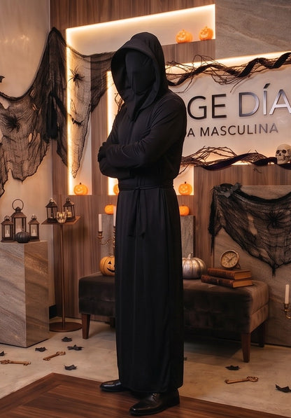 Disfraz de espectro negro sin rostro con túnica larga holgada, cinturón de tela, guantes a juego y capucha amplia con máscara de tela opaca que cubre toda la cara