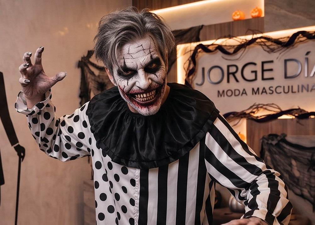 Disfraz completo de payaso siniestro para hombre en blanco y negro, con diseño dividido de rayas verticales y lunares, cuello victoriano negro plisado con volantes y mangas abullonadas, ideal para fiesta de Halloween o cosplay de terror