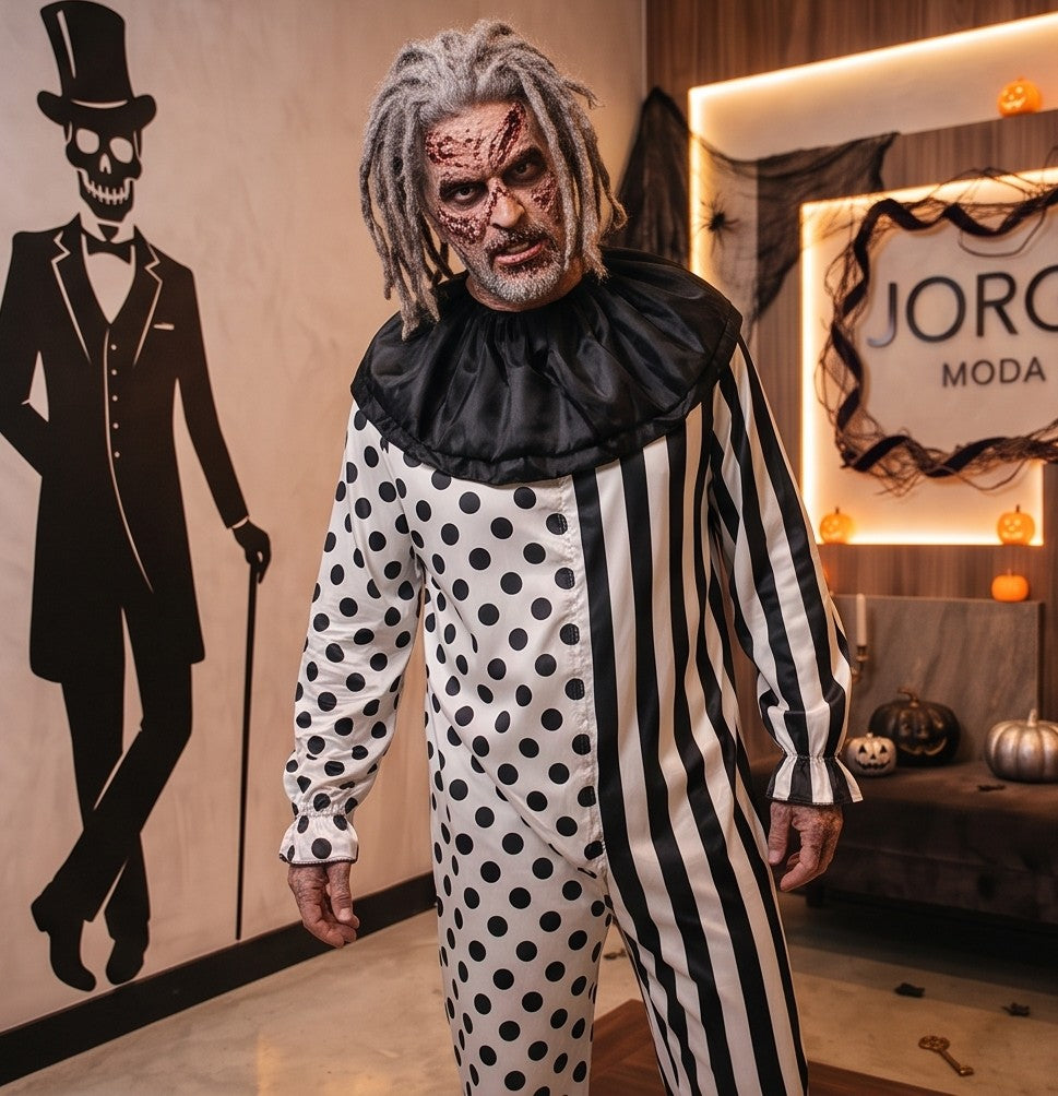Disfraz completo de payaso siniestro para hombre en blanco y negro, con diseño dividido de rayas verticales y lunares, cuello victoriano negro plisado con volantes y mangas abullonadas, ideal para fiesta de Halloween o cosplay de terror