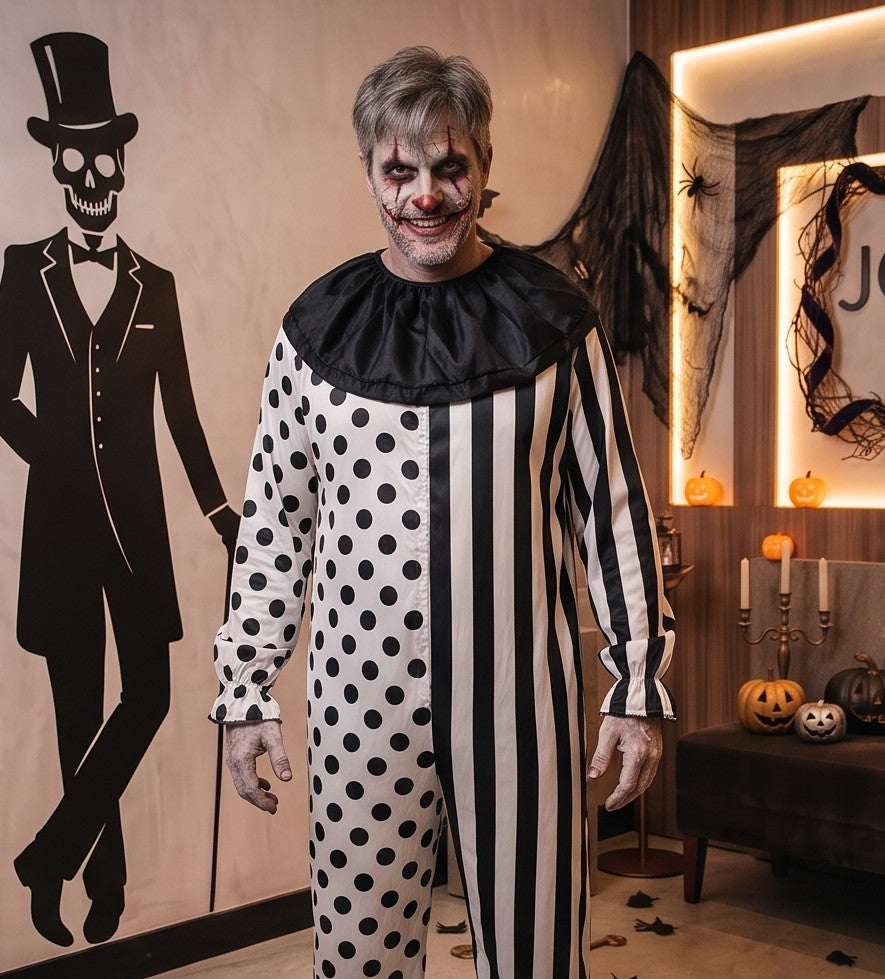 Disfraz completo de payaso siniestro para hombre en blanco y negro, con diseño dividido de rayas verticales y lunares, cuello victoriano negro plisado con volantes y mangas abullonadas, ideal para fiesta de Halloween o cosplay de terror