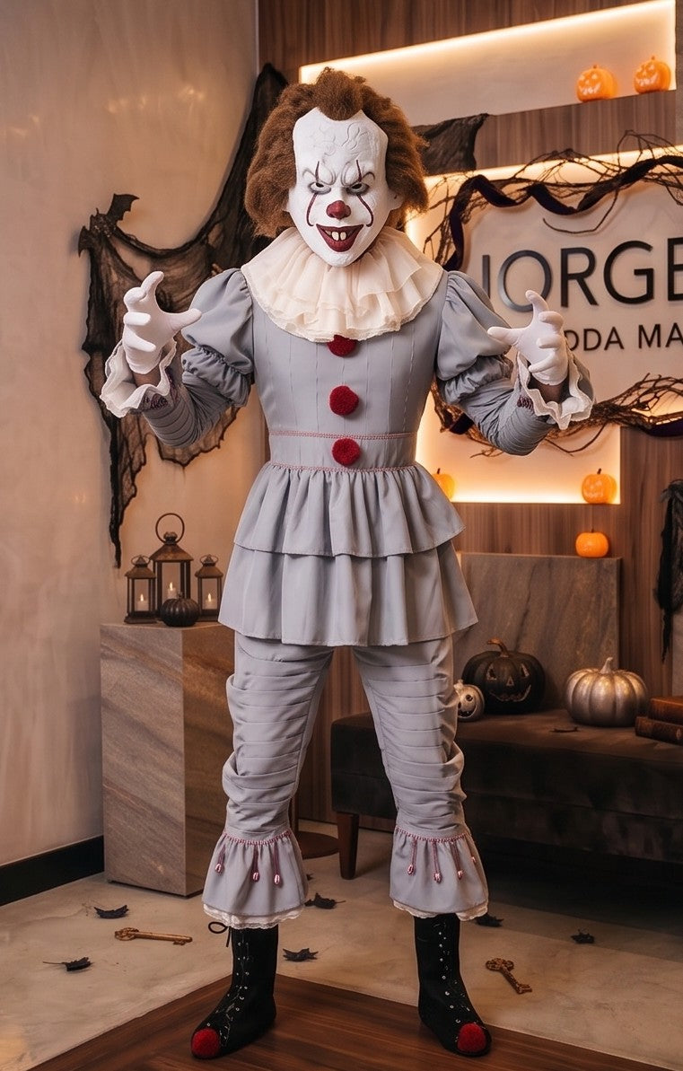 Disfraz completo de payaso diabólico Pennywise para hombre en color gris vintage, con cuello fruncido con volantes, pompones rojos frontales, mangas y pantalón abullonados con pliegues, cubrebotas y máscara realista de terror