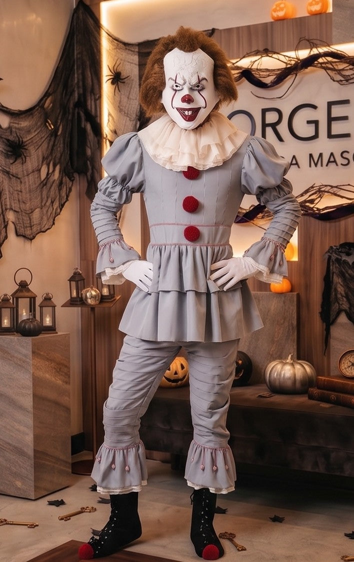 Disfraz completo de payaso diabólico Pennywise para hombre en color gris vintage, con cuello fruncido con volantes, pompones rojos frontales, mangas y pantalón abullonados con pliegues, cubrebotas y máscara realista de terror