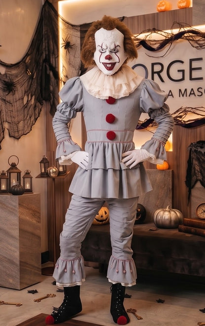 Disfraz completo de payaso diabólico Pennywise para hombre en color gris vintage, con cuello fruncido con volantes, pompones rojos frontales, mangas y pantalón abullonados con pliegues, cubrebotas y máscara realista de terror