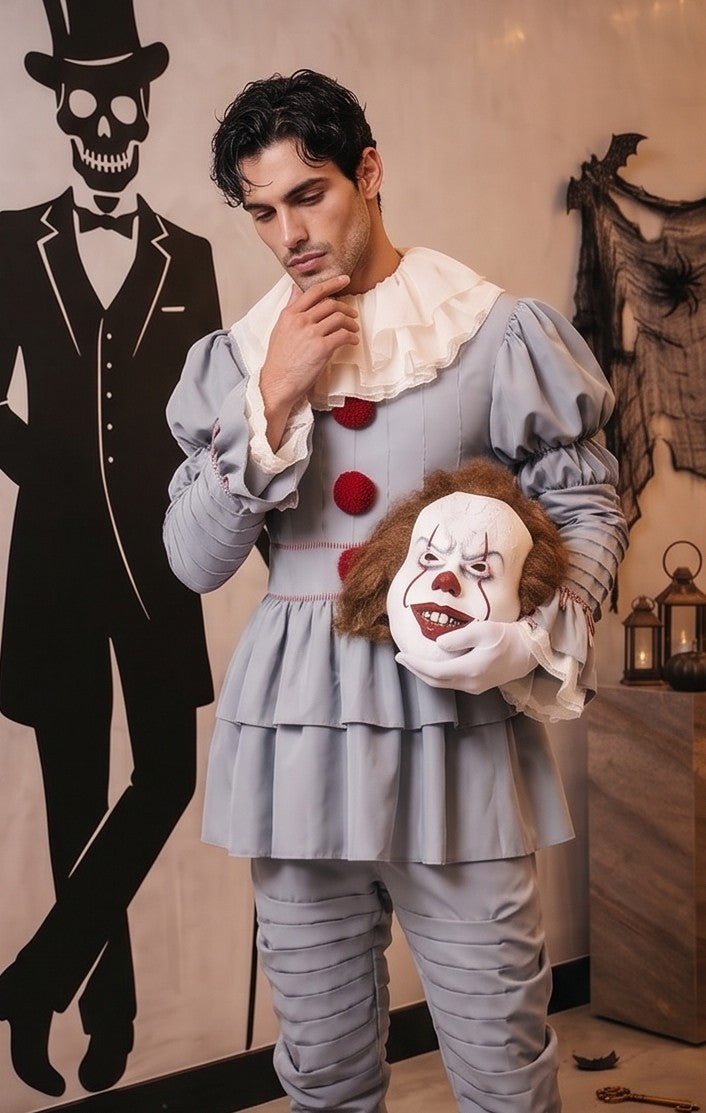 Disfraz completo de payaso diabólico Pennywise para hombre en color gris vintage, con cuello fruncido con volantes, pompones rojos frontales, mangas y pantalón abullonados con pliegues, cubrebotas y máscara realista de terror