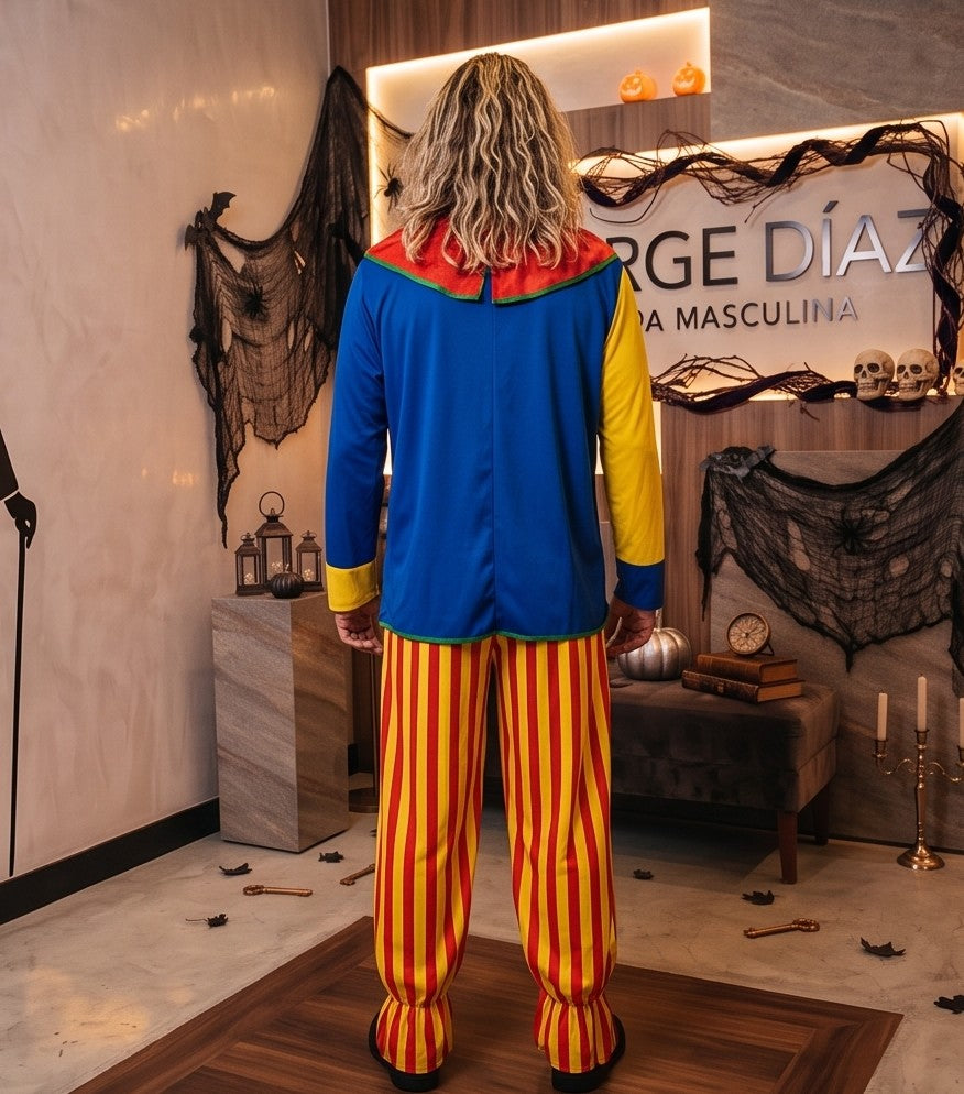 Disfraz de payaso clásico para hombre en tejido multicolor con camisa azul y amarilla de parches geométricos, cuello fruncido rojo con pompones y pantalón holgado de rayas verticales amarillas y rojas
