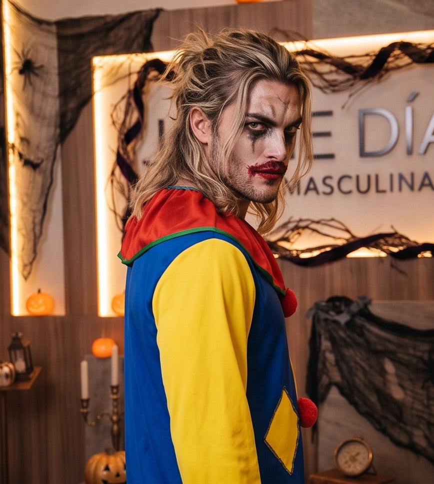 Disfraz de payaso clásico para hombre en tejido multicolor con camisa azul y amarilla de parches geométricos, cuello fruncido rojo con pompones y pantalón holgado de rayas verticales amarillas y rojas