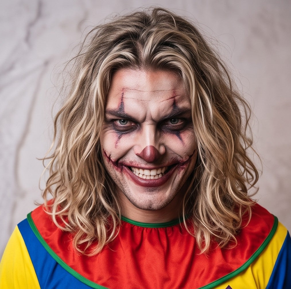 Disfraz de payaso clásico para hombre en tejido multicolor con camisa azul y amarilla de parches geométricos, cuello fruncido rojo con pompones y pantalón holgado de rayas verticales amarillas y rojas