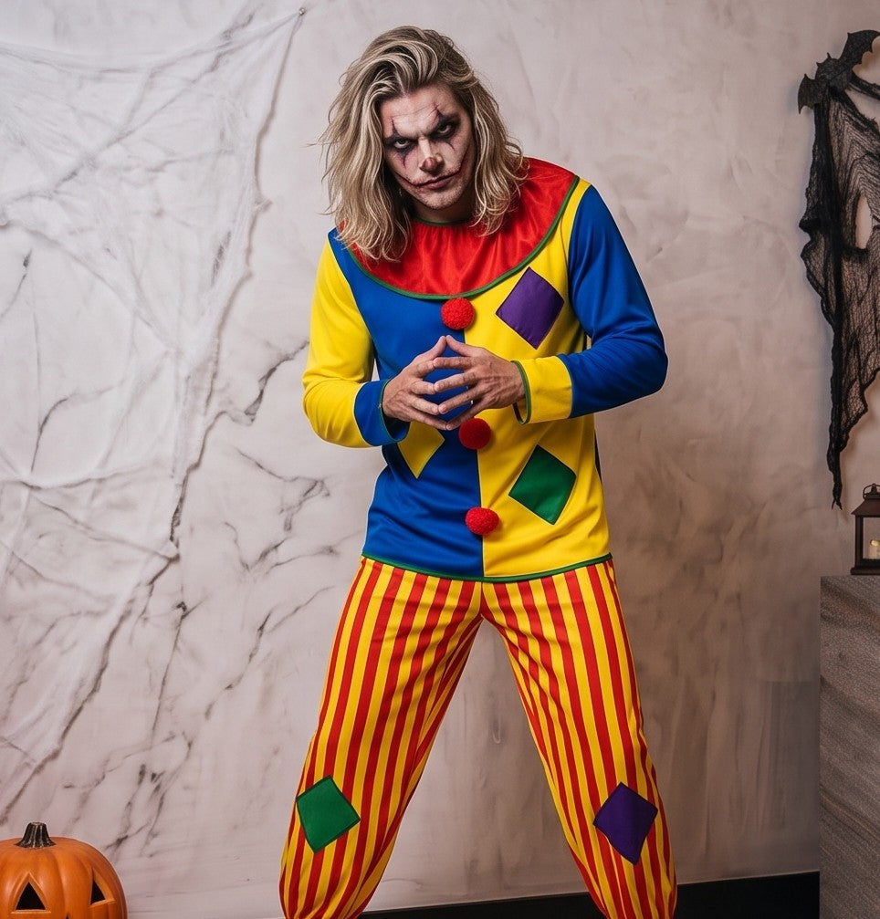 Disfraz de payaso clásico para hombre en tejido multicolor con camisa azul y amarilla de parches geométricos, cuello fruncido rojo con pompones y pantalón holgado de rayas verticales amarillas y rojas