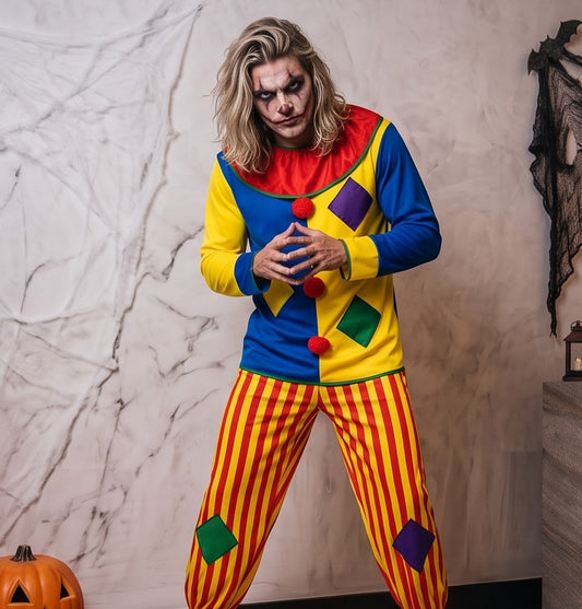 Disfraz de payaso clásico para hombre en tejido multicolor con camisa azul y amarilla de parches geométricos, cuello fruncido rojo con pompones y pantalón holgado de rayas verticales amarillas y rojas