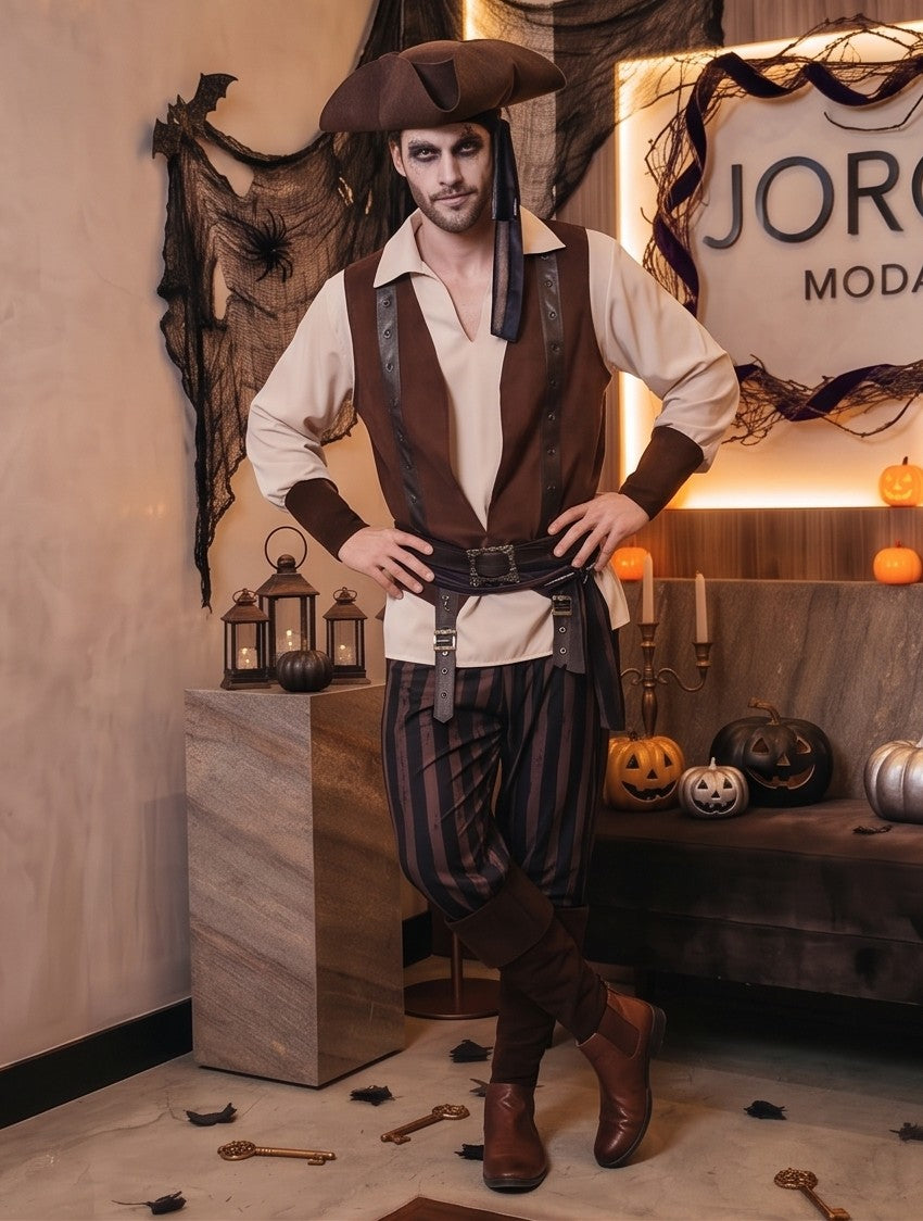 Disfraz de pirata para hombre y adulto que incluye camisa color marfil de manga larga con cuello en V, chaleco marrón con cinturón y fajín a rayas, pantalón a rayas verticales oscuras, cubrebotas marrones y sombrero de tres picos tradicional