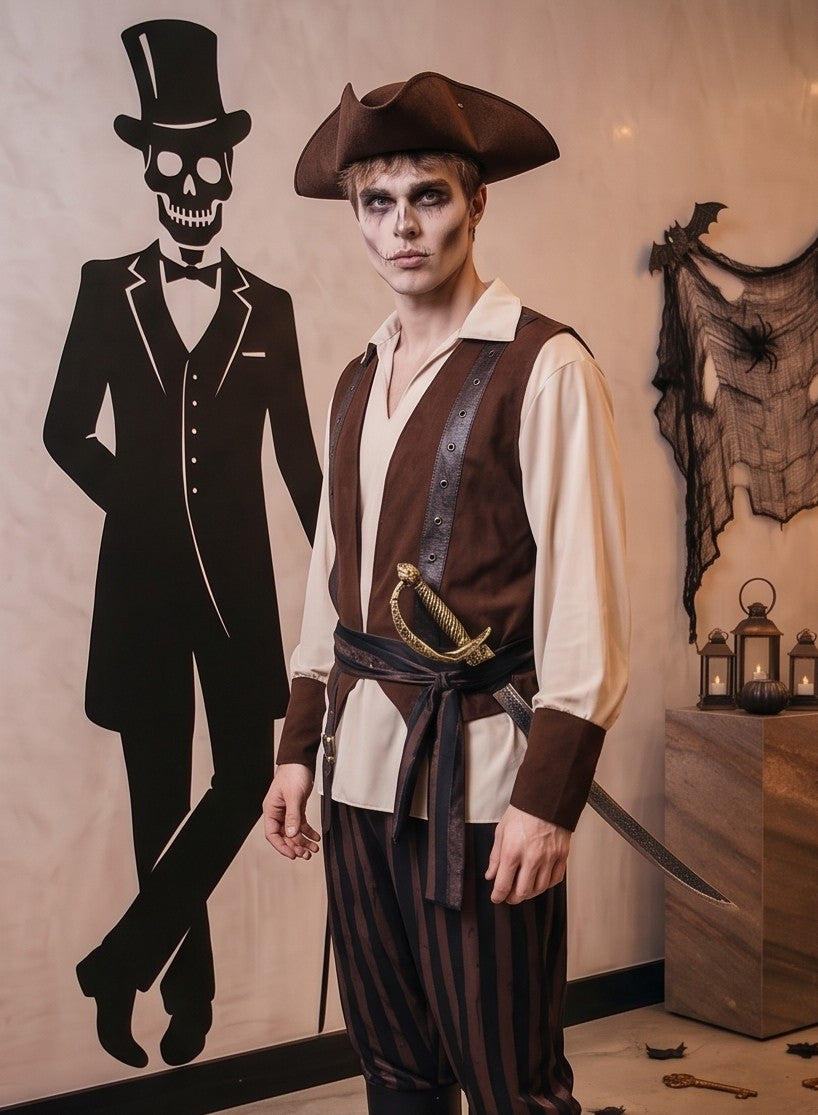 Disfraz de pirata para hombre y adulto que incluye camisa color marfil de manga larga con cuello en V, chaleco marrón con cinturón y fajín a rayas, pantalón a rayas verticales oscuras, cubrebotas marrones y sombrero de tres picos tradicional