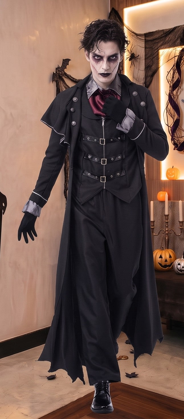 Disfraz gótico victoriano para hombre estilo vampiro de terror, compuesto por abrigo largo negro tipo capa con bajo recortado en picos de murciélago, chaleco negro ajustado con hebillas y correas frontales, pañuelo de cuello color vino burdeos, pantalón a juego y sombrero de copa alta con cinta granate, fotografiado en ambientación temática de Halloween
