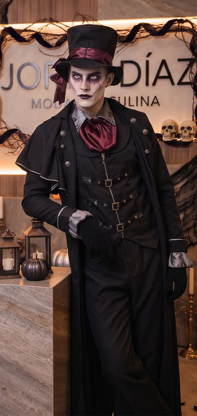 Disfraz gótico victoriano para hombre estilo vampiro de terror, compuesto por abrigo largo negro tipo capa con bajo recortado en picos de murciélago, chaleco negro ajustado con hebillas y correas frontales, pañuelo de cuello color vino burdeos, pantalón a juego y sombrero de copa alta con cinta granate, fotografiado en ambientación temática de Halloween
