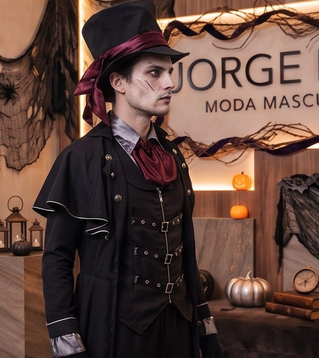 Disfraz gótico victoriano para hombre estilo vampiro de terror, compuesto por abrigo largo negro tipo capa con bajo recortado en picos de murciélago, chaleco negro ajustado con hebillas y correas frontales, pañuelo de cuello color vino burdeos, pantalón a juego y sombrero de copa alta con cinta granate, fotografiado en ambientación temática de Halloween