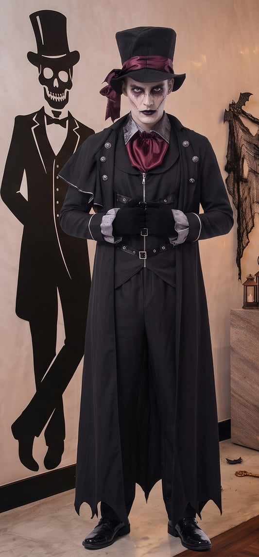 Disfraz gótico victoriano para hombre estilo vampiro de terror, compuesto por abrigo largo negro tipo capa con bajo recortado en picos de murciélago, chaleco negro ajustado con hebillas y correas frontales, pañuelo de cuello color vino burdeos, pantalón a juego y sombrero de copa alta con cinta granate, fotografiado en ambientación temática de Halloween