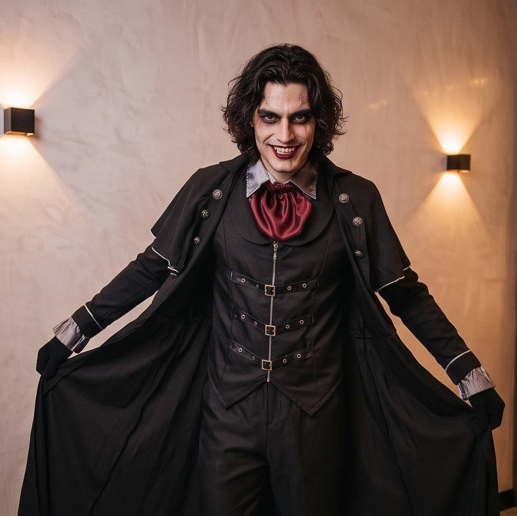 Disfraz gótico victoriano para hombre estilo vampiro de terror, compuesto por abrigo largo negro tipo capa con bajo recortado en picos de murciélago, chaleco negro ajustado con hebillas y correas frontales, pañuelo de cuello color vino burdeos, pantalón a juego y sombrero de copa alta con cinta granate, fotografiado en ambientación temática de Halloween