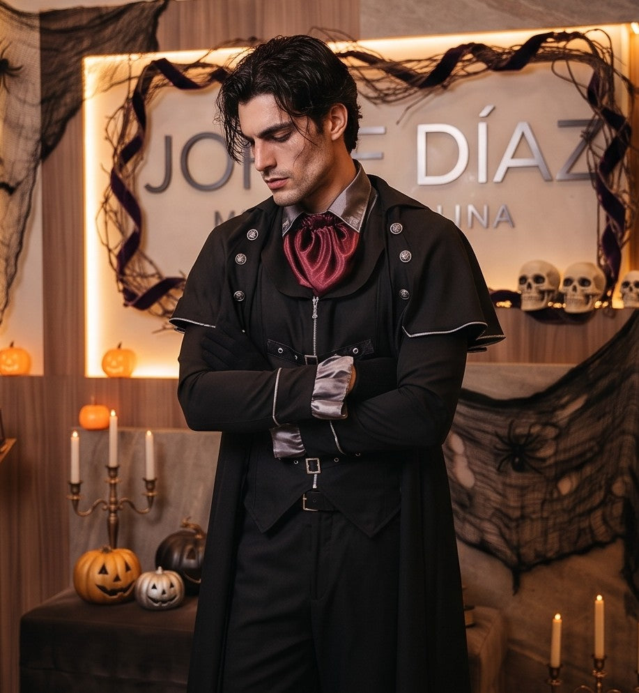 Disfraz gótico victoriano para hombre estilo vampiro de terror, compuesto por abrigo largo negro tipo capa con bajo recortado en picos de murciélago, chaleco negro ajustado con hebillas y correas frontales, pañuelo de cuello color vino burdeos, pantalón a juego y sombrero de copa alta con cinta granate, fotografiado en ambientación temática de Halloween
