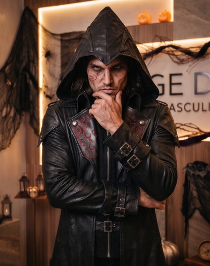 Gabardina medieval unisex estilo asesino y gótico con capucha amplia, solapas bordadas en contraste, cinturones con hebillas frontales y bajo asimétrico en pico, disponible en colores negro y rojo oscuro vintage para cosplay y Halloween
