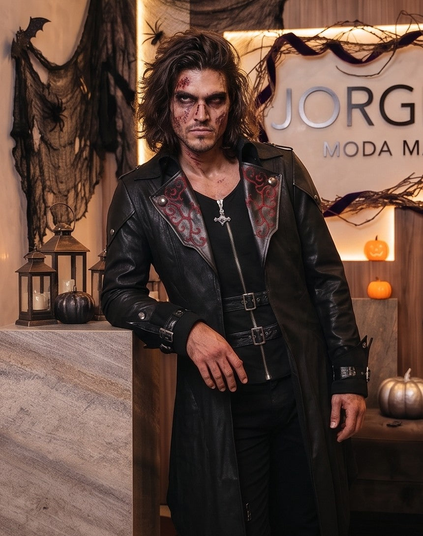 Gabardina medieval unisex estilo asesino y gótico con capucha amplia, solapas bordadas en contraste, cinturones con hebillas frontales y bajo asimétrico en pico, disponible en colores negro y rojo oscuro vintage para cosplay y Halloween