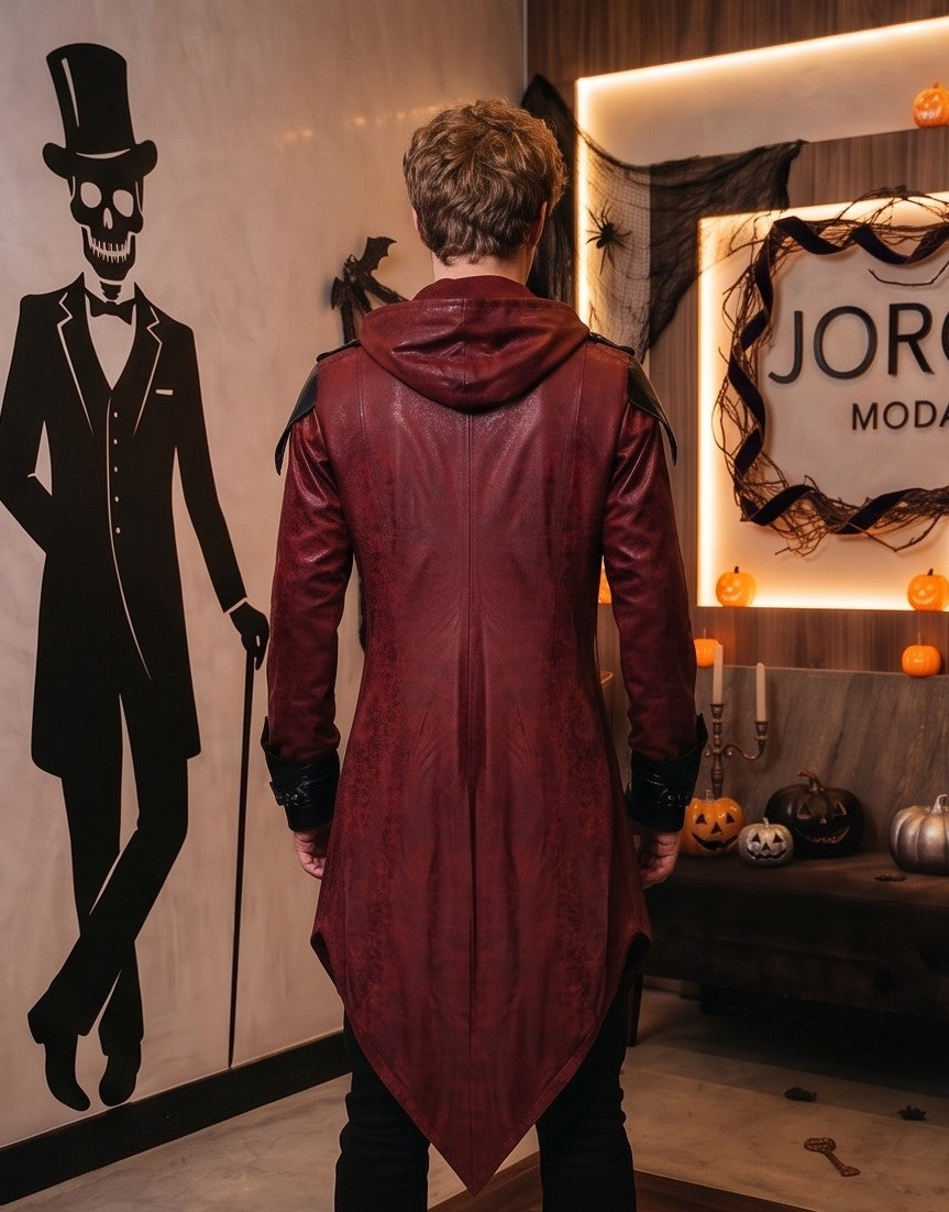 Gabardina medieval unisex estilo asesino y gótico con capucha amplia, solapas bordadas en contraste, cinturones con hebillas frontales y bajo asimétrico en pico, disponible en colores negro y rojo oscuro vintage para cosplay y Halloween