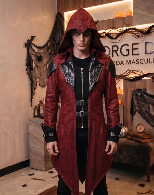 Gabardina medieval unisex estilo asesino y gótico con capucha amplia, solapas bordadas en contraste, cinturones con hebillas frontales y bajo asimétrico en pico, disponible en colores negro y rojo oscuro vintage para cosplay y Halloween