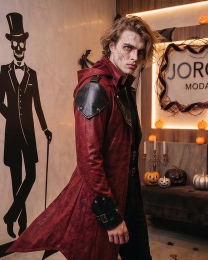 Gabardina medieval unisex estilo asesino y gótico con capucha amplia, solapas bordadas en contraste, cinturones con hebillas frontales y bajo asimétrico en pico, disponible en colores negro y rojo oscuro vintage para cosplay y Halloween