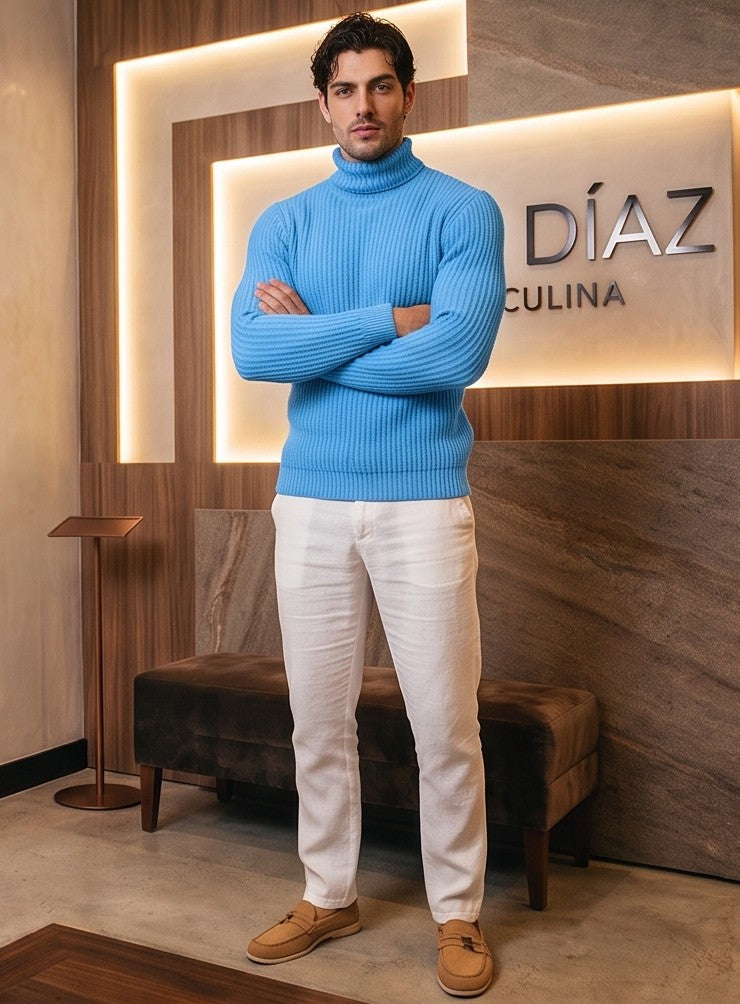 Jersey de punto grueso acanalado para hombre con cuello alto vuelto de corte entallado y elástico en puños y cintura, disponible en color azul marino, negro, burdeos, gris marengo, gris perla, azul eléctrico, verde oliva y celeste
