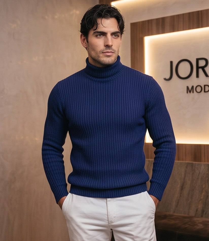 Jersey de punto grueso acanalado para hombre con cuello alto vuelto de corte entallado y elástico en puños y cintura, disponible en color azul marino, negro, burdeos, gris marengo, gris perla, azul eléctrico, verde oliva y celeste