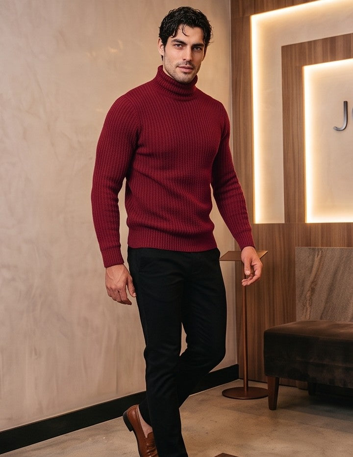 Jersey de punto grueso acanalado para hombre con cuello alto vuelto de corte entallado y elástico en puños y cintura, disponible en color azul marino, negro, burdeos, gris marengo, gris perla, azul eléctrico, verde oliva y celeste