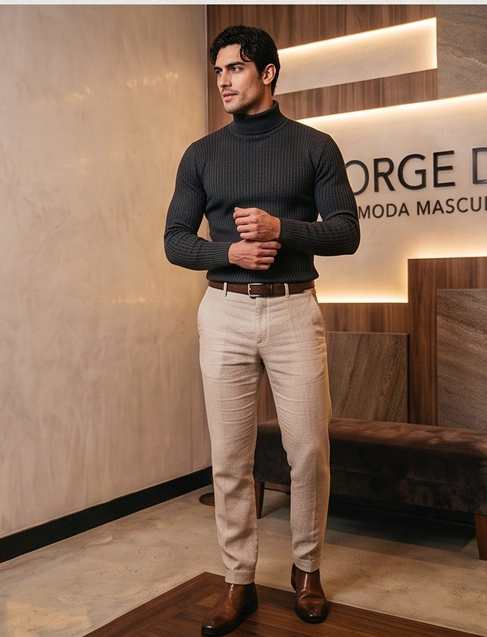 Jersey de punto grueso acanalado para hombre con cuello alto vuelto de corte entallado y elástico en puños y cintura, disponible en color azul marino, negro, burdeos, gris marengo, gris perla, azul eléctrico, verde oliva y celeste