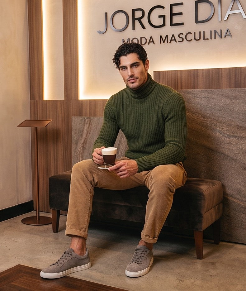 Jersey de punto grueso acanalado para hombre con cuello alto vuelto de corte entallado y elástico en puños y cintura, disponible en color azul marino, negro, burdeos, gris marengo, gris perla, azul eléctrico, verde oliva y celeste