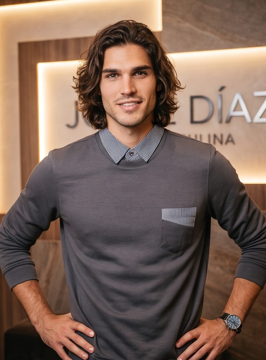 Jersey casual de manga larga para hombre en mezcla de algodón con cuello camisero y detalle de bolsillo falso en estampado a rayas diplomáticas verticales en azul marino y blanco; disponible en color blanco, negro, gris marengo, verde militar y caqui beige