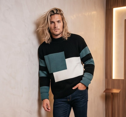 Jersey de punto acanalado para hombre con diseño geométrico color block en tres tonos, cuello redondo clásico, manga larga con rayas horizontales y corte holgado casual