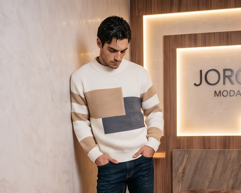 Jersey de punto acanalado para hombre con diseño geométrico color block en tres tonos, cuello redondo clásico, manga larga con rayas horizontales y corte holgado casual