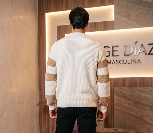 Jersey de punto acanalado para hombre con diseño geométrico color block en tres tonos, cuello redondo clásico, manga larga con rayas horizontales y corte holgado casual