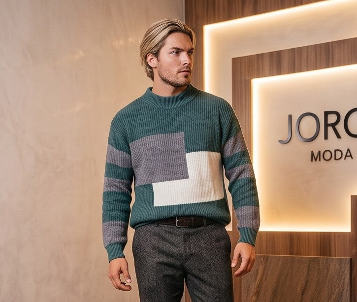 Jersey de punto acanalado para hombre con diseño geométrico color block en tres tonos, cuello redondo clásico, manga larga con rayas horizontales y corte holgado casual