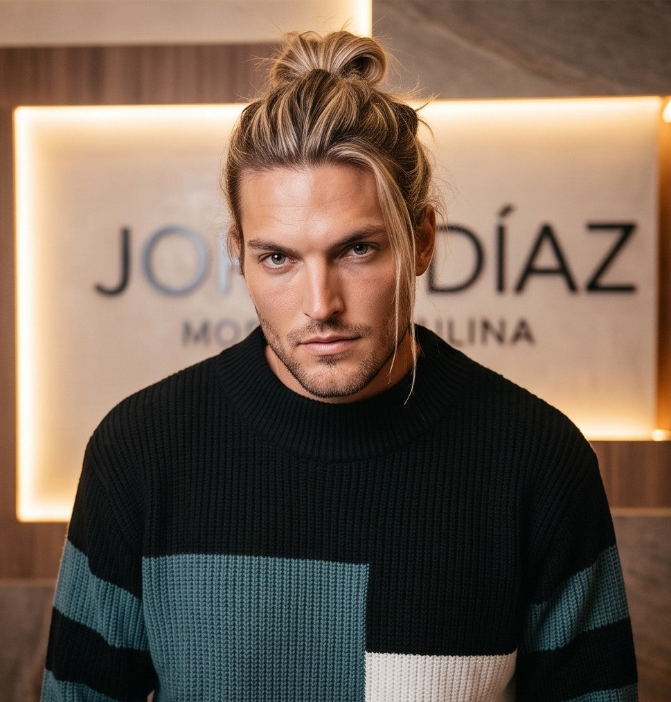 Jersey de punto acanalado para hombre con diseño geométrico color block en tres tonos, cuello redondo clásico, manga larga con rayas horizontales y corte holgado casual
